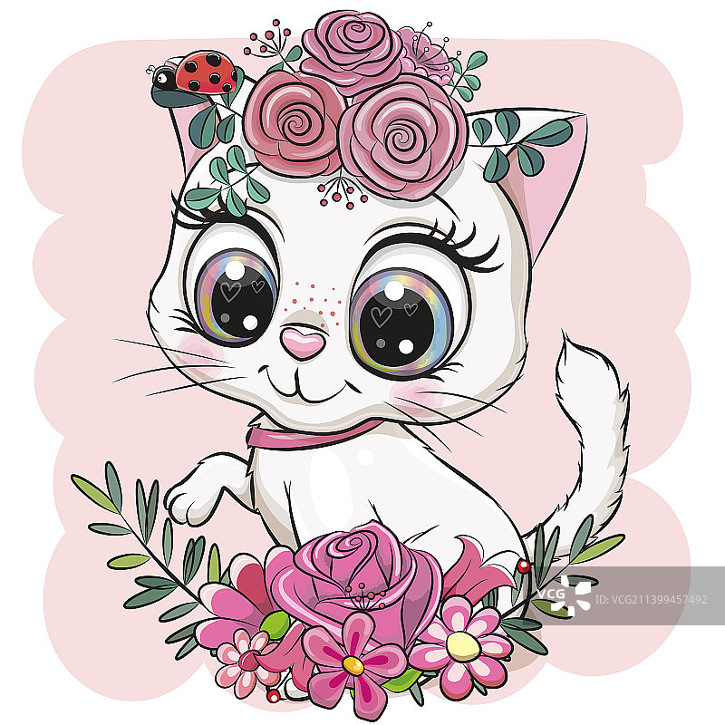 粉色背景卡通小猫手捧鲜花图片素材