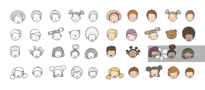 可爱的卡通男孩和女孩的儿童面孔图片素材