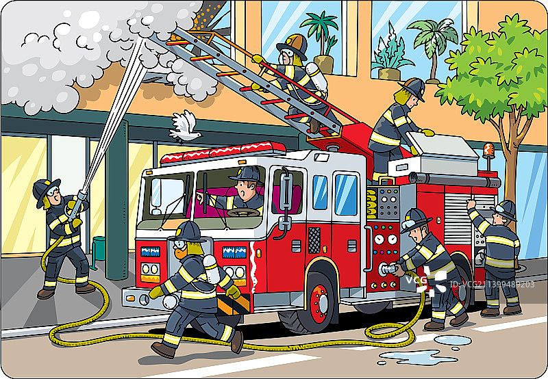 消防员在消防车旁灭火图片素材
