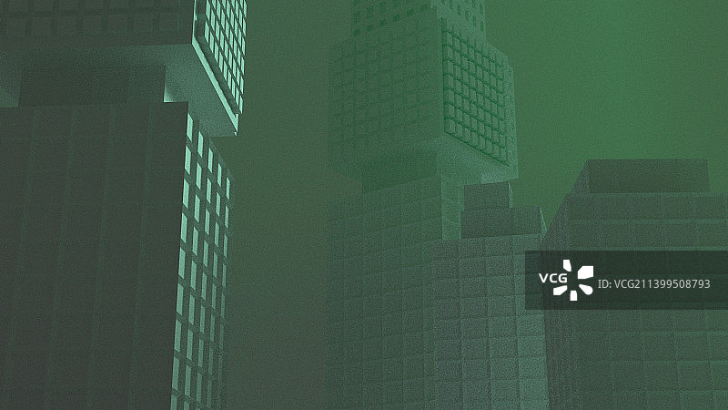 大雾中城市现代建筑的低角度透视图片素材