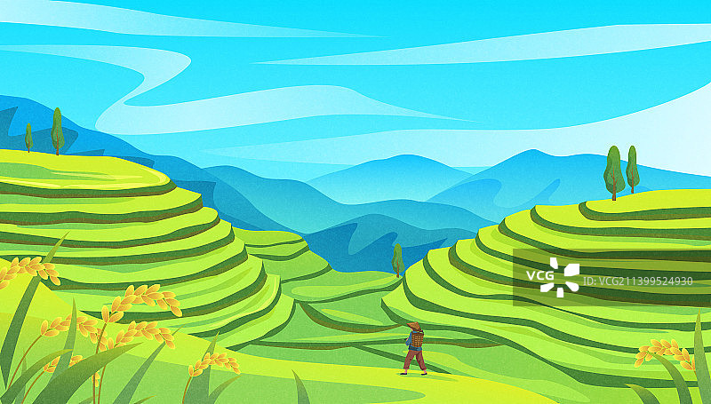 矢量质感梯田田园风景插画横版图片素材