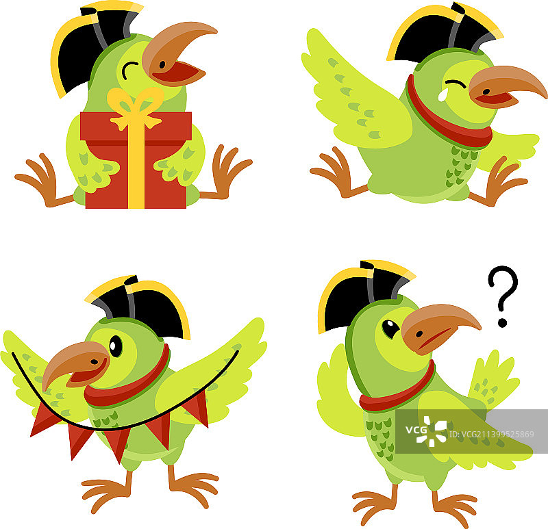 戴着三角帽的可爱卡通海盗鹦鹉套装图片素材