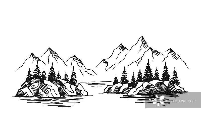 松树湖泊山脉手绘景观图片素材