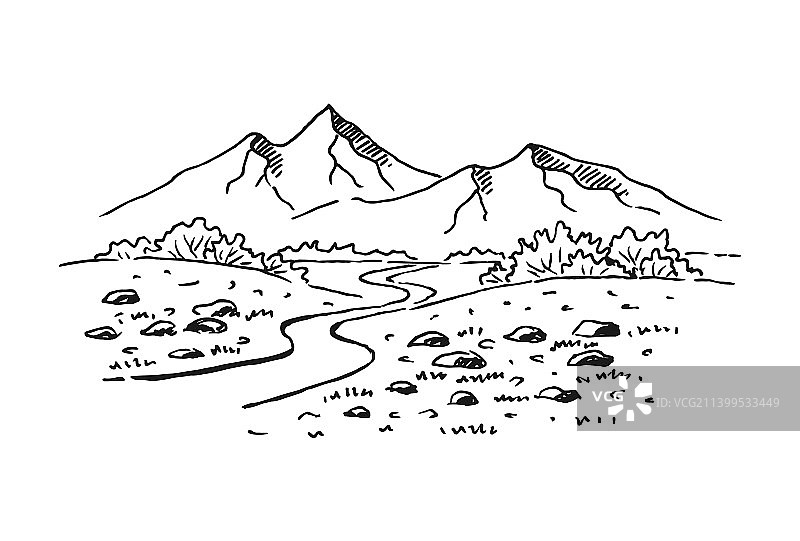 手绘山脉和森林景观图片素材