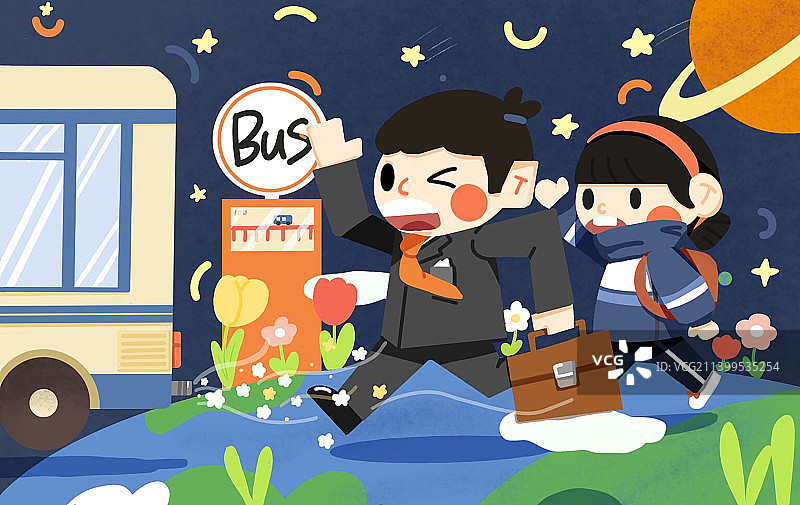 赶公交的上班族和学生党图片素材