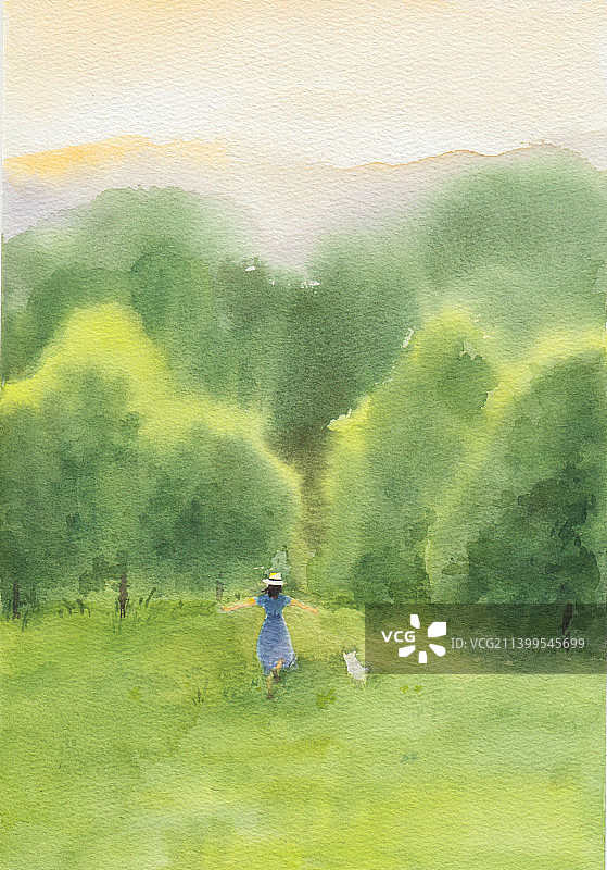 水彩插画少女背影自由奔跑手绘田园自然风景图片素材