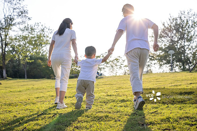 一家三口人在阳光草坪上牵手奔跑图片素材