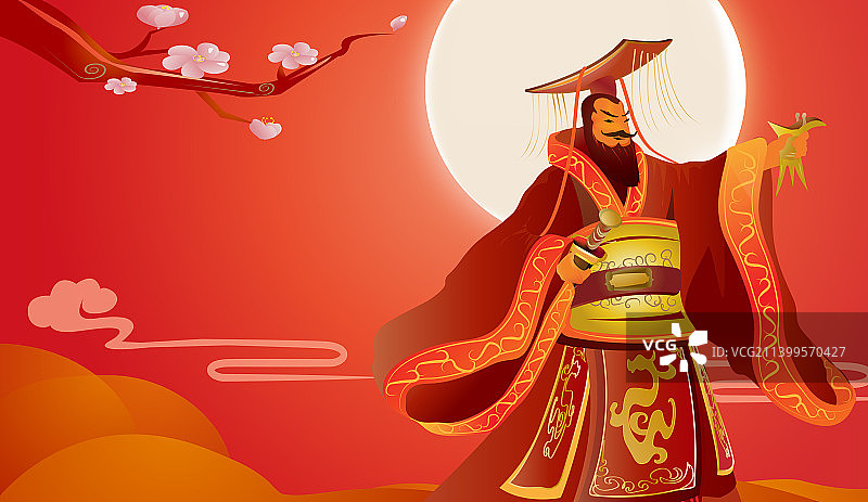 红色背景下秦皇饮酒插画图片素材