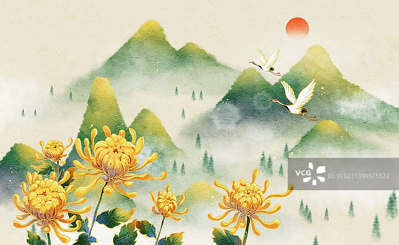 重阳节菊花山脉风景插画图片素材