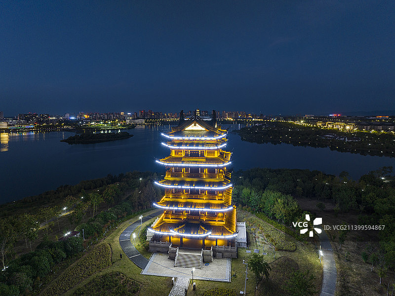 安徽宣城宛陵湖城市风光地标日落晚霞夜景图片素材