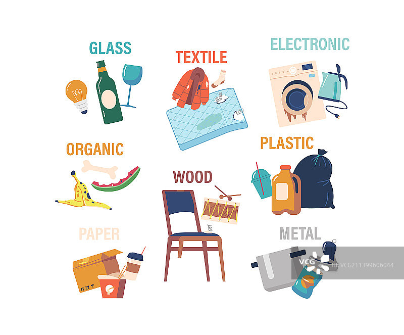 玻璃、纺织品和电子垃圾类型图片素材