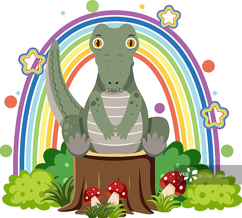 扁平卡通风格的树桩上的可爱鳄鱼图片素材