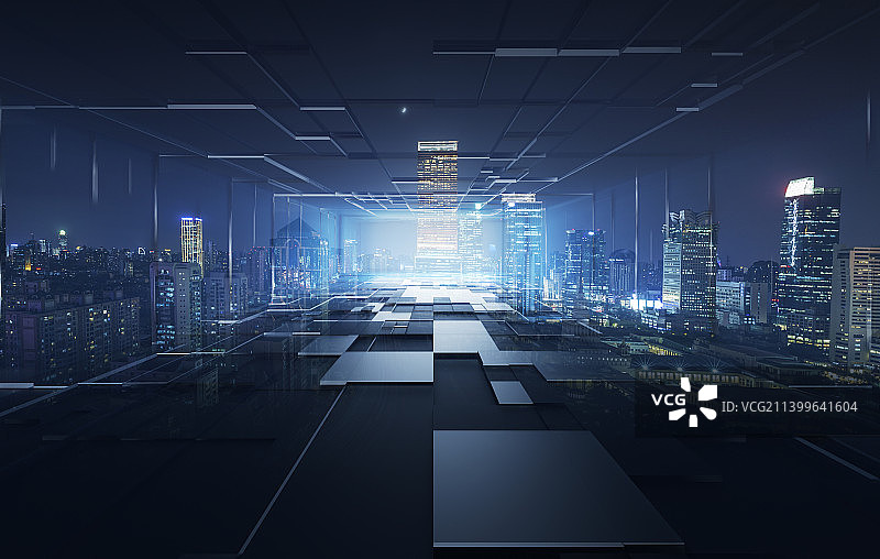 通往未来隧道与上海城市夜景，科技城市概念图片素材