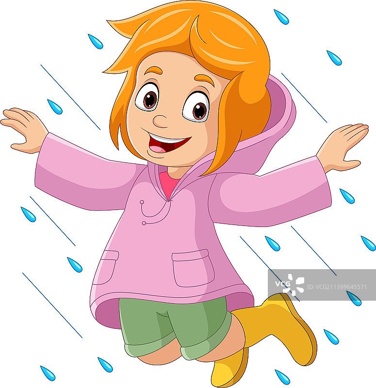 卡通小女孩穿着雨衣跳跃图片素材
