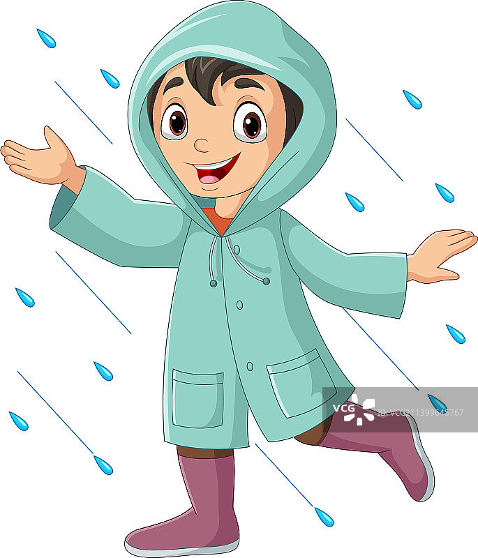 卡通小男孩穿着雨衣和靴子图片素材