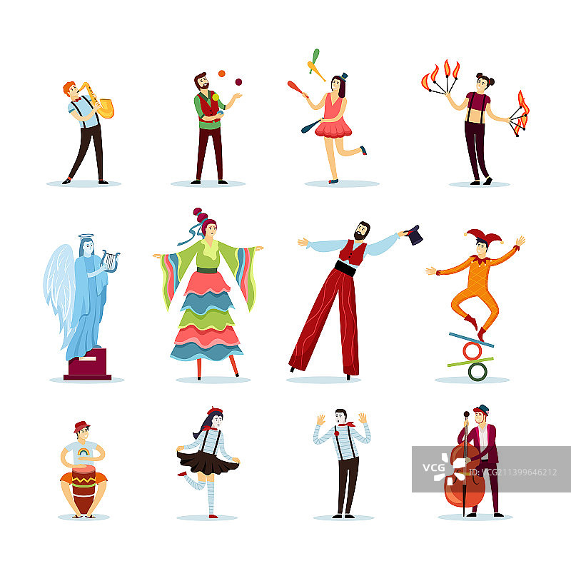 街头表演者：小丑、杂耍演员、舞者户外表演图片素材