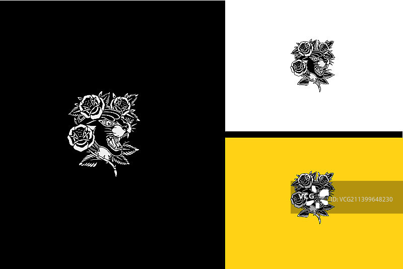 黑豹与玫瑰花黑白头像图片素材