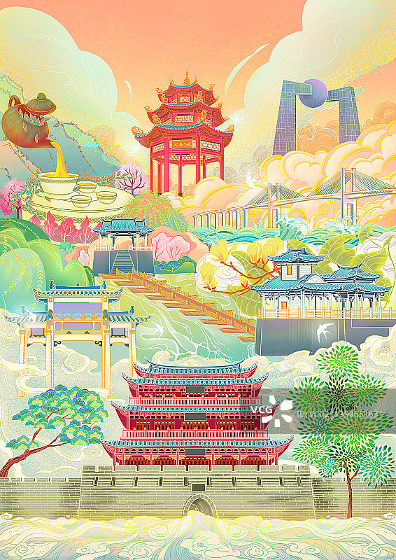 潮汕城市建筑国潮风插画图片素材