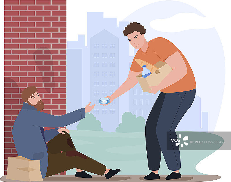 在城市帮助无家可归者提供食物的男性志愿者图片素材