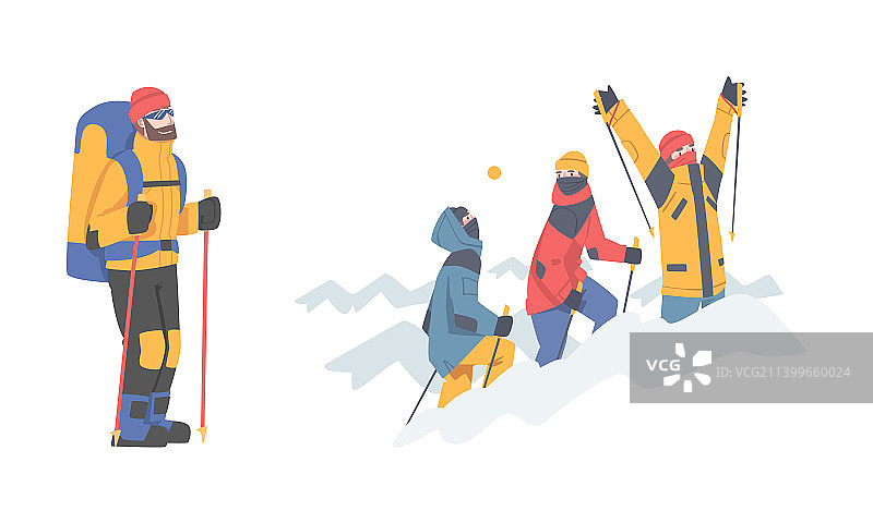 登山者冬季拄棍跋涉图片素材