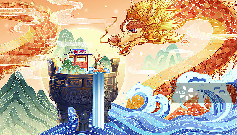 国潮风龙与鼎山河祥云图片素材