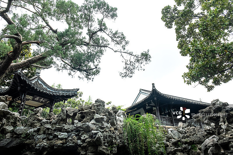 扬州个园鹤亭、抱山楼、假山、松柏景色图片素材