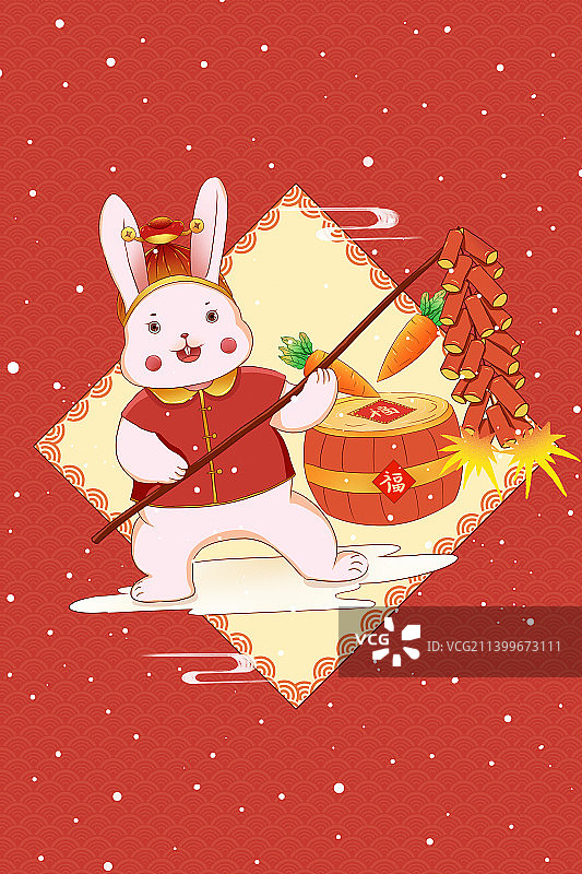 2023年兔年小兔子在雪天放鞭炮 迎新年春节年画图片素材
