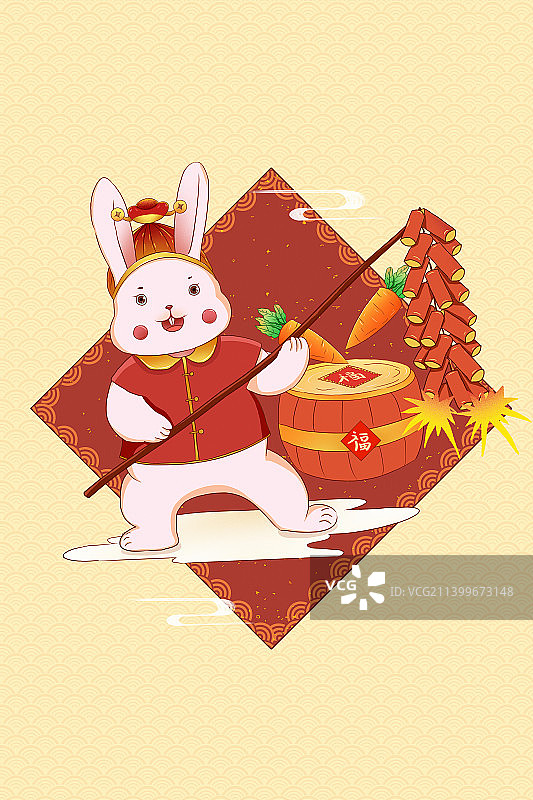 2023年兔年小兔子敲锣打鼓放鞭炮 迎新年春节年画图片素材