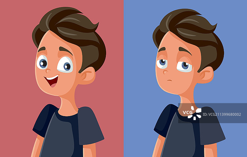 青少年男孩开心与悲伤卡通概念图片素材