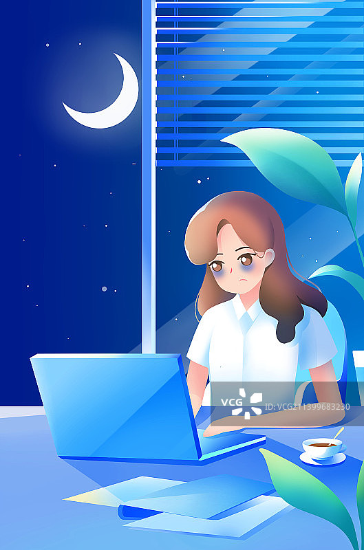 宁静深蓝色唯美扁平夜晚女性加班办公商务插画图片素材