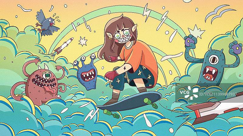 国潮风格玩滑板的少年冲浪插画图片素材