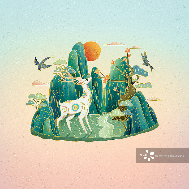 新国风插画山水小场景图片素材