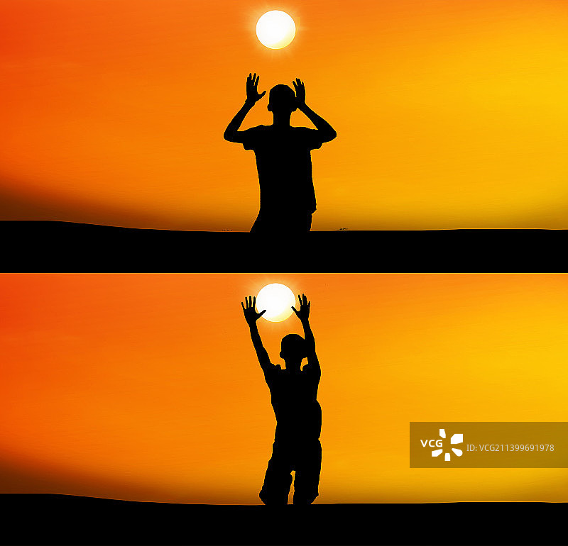 在伊朗格什姆岛日落时挥手的男人剪影图片素材