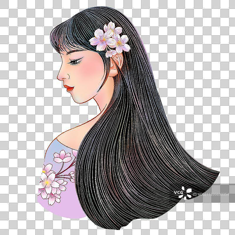 乌黑长发的少女插画元素图片素材