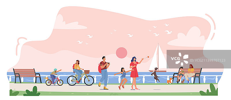 幸福家庭人物沿堤岸行走图片素材