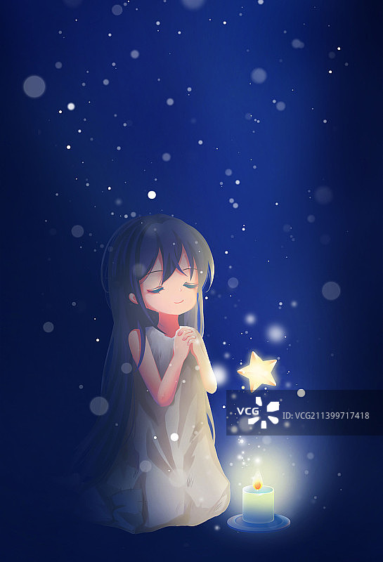 深蓝色唯美清新女孩对着蜡烛许愿插画图片素材