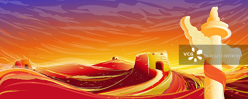 万里长城流光异彩华表耸立图图片素材