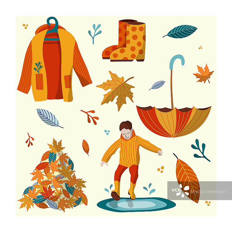 秋季彩色外套和雨伞套装图片素材