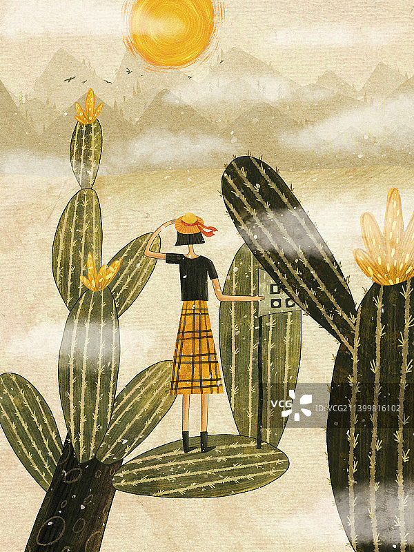 绿色彩铅风格仙人掌风景插画图片素材