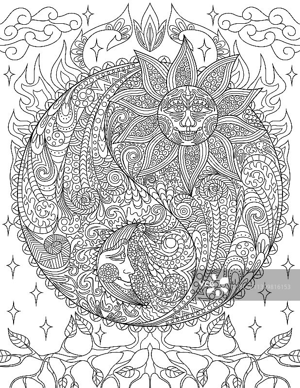 儿童涂色书：带有太阳的阴阳符号图片素材