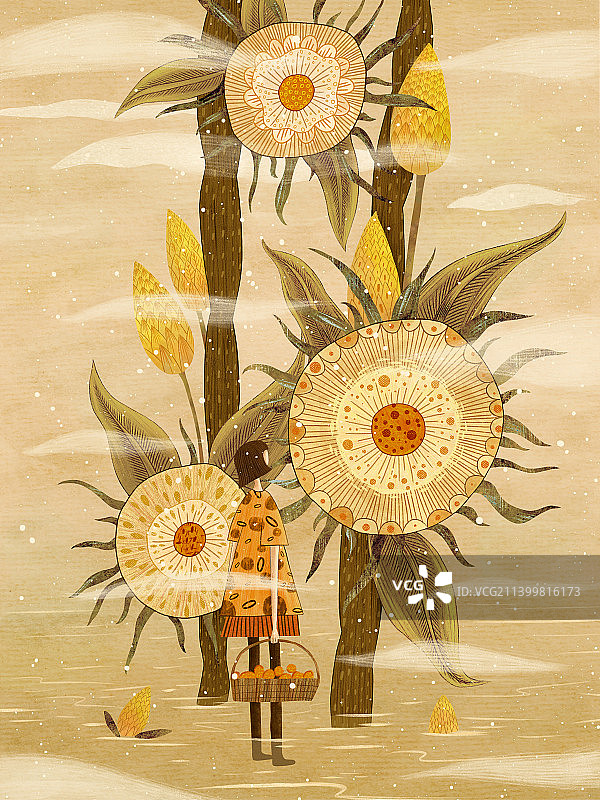 水彩彩铅风格抽象向日葵风景插画图片素材