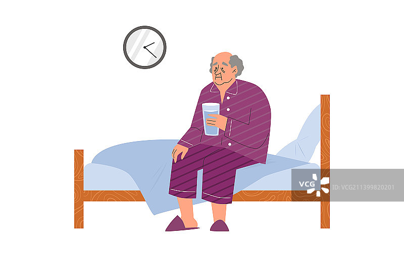坐在床上拿着玻璃杯的沮丧老人图片素材