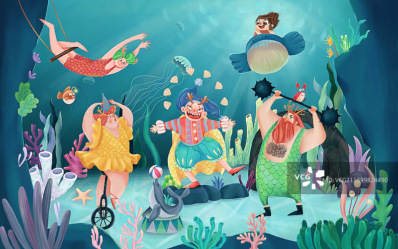 儿童插画厚涂风格参观海底世界马戏团表演图片素材