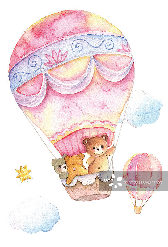水彩手绘三只小熊的热气球旅行图片素材