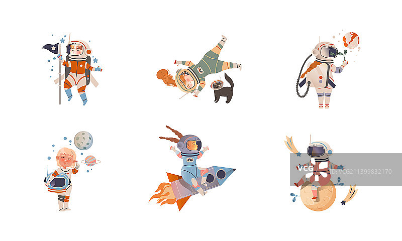 穿着太空服乘坐火箭的学前班儿童图片素材