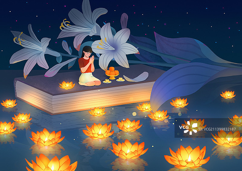 寒衣节中元节女孩放河灯祈祷图片素材