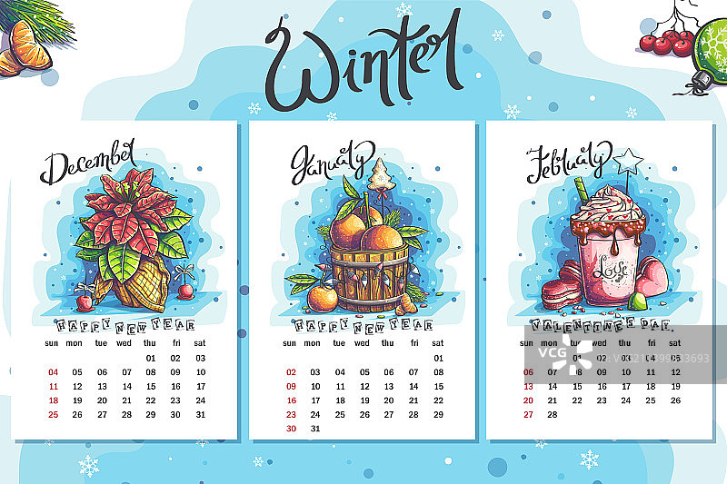 2022冬季卡通大戟日历图片素材