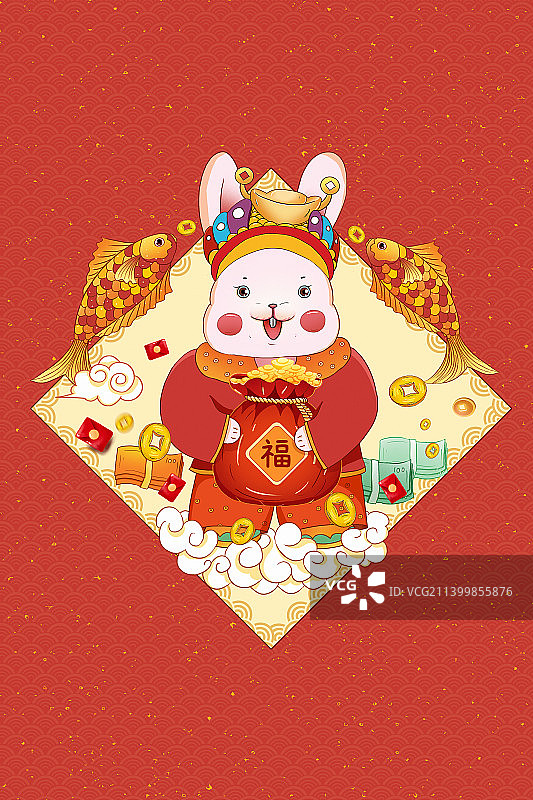 2023年迎接财神年画 兔子抱着装满金元宝的福袋 锦里环绕图片素材