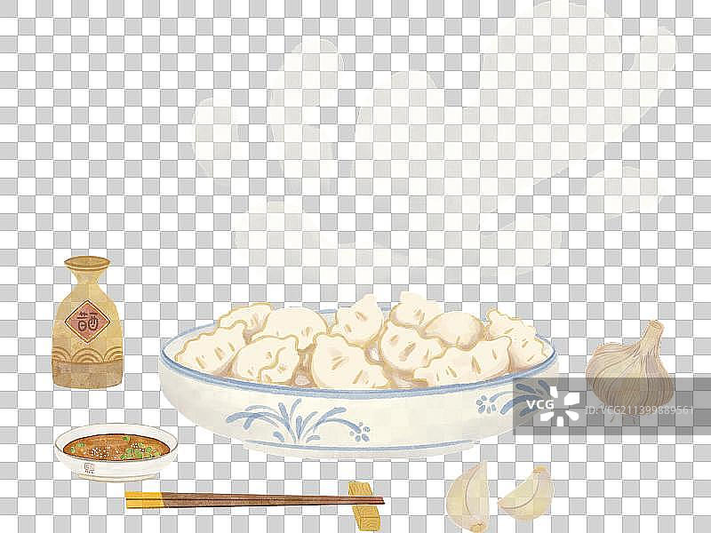 手绘水彩风格一碗热腾腾的饺子和蒜头图片素材