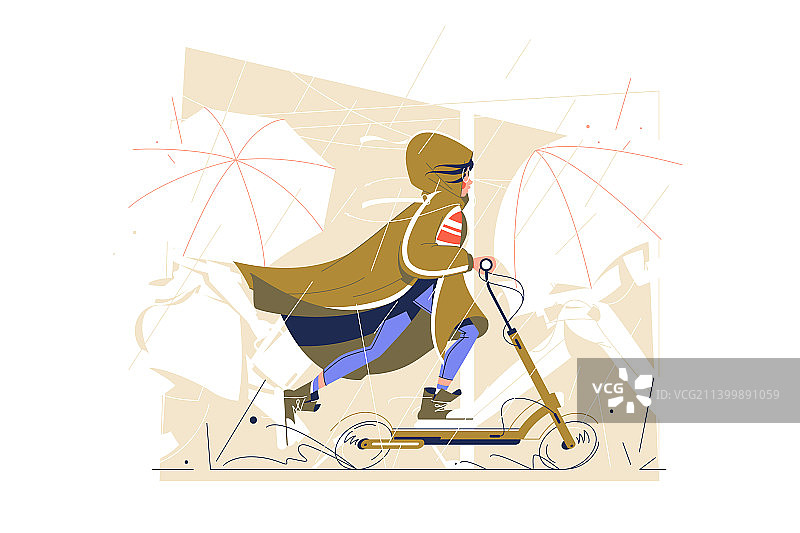 女孩在雨中骑滑板车图片素材